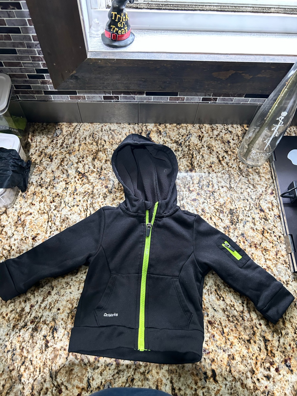 Athletic Works Black Hooded Puffer Jacket with Lime Green Zipper